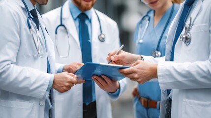 group of doctors involved in serious discussion with medical records no logos no brands ar 169