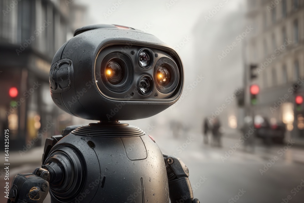 Poster a futuristic robot standing on a city street with buildings in the background on a foggy day, showin