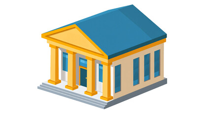 Isometric view of a classic building design with columns and a blue roof. The structure exudes a sense of formality and historical significance
