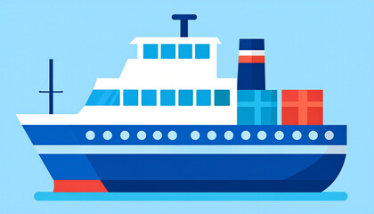 An Illustration of a blue cargo ship on the water carrying the goods