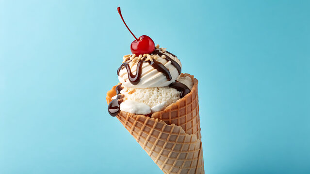 A delectable ice cream cone, topped with a cherry and drizzled with chocolate sauce, stands against a vibrant blue background, inviting a sweet summer indulgence