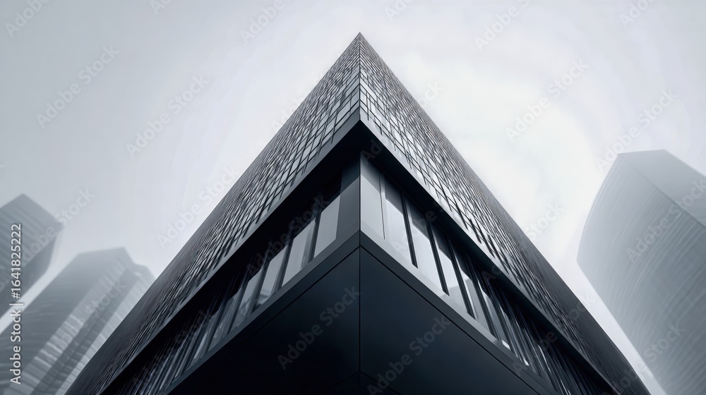 Poster modern architecture building exterior with sharp angle, dark tone, and foggy background for business