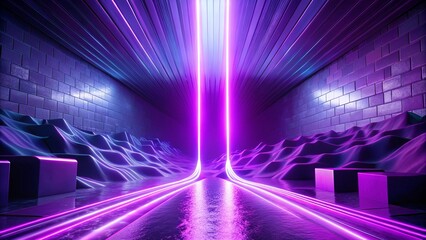 Abstract purple tunnel with neon lights and wavy terrain abstract background. 3d render