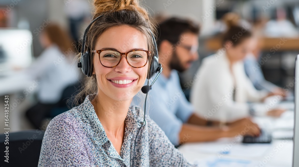 Poster smiling mid woman working as customer support operator with headset in a call center portrait of hap