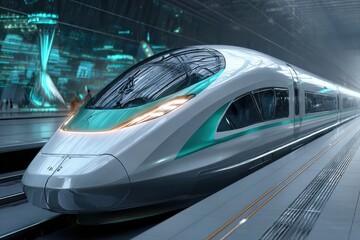 Fototapeta premium Futuristic high-speed train at a modern station, showcasing sleek design and advanced technology for fast and efficient transportation in a dynamic cityscape.