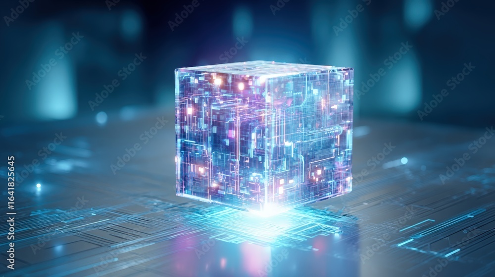 Poster abstract technology cube with glowing circuits and data flow, representing advanced computing and in