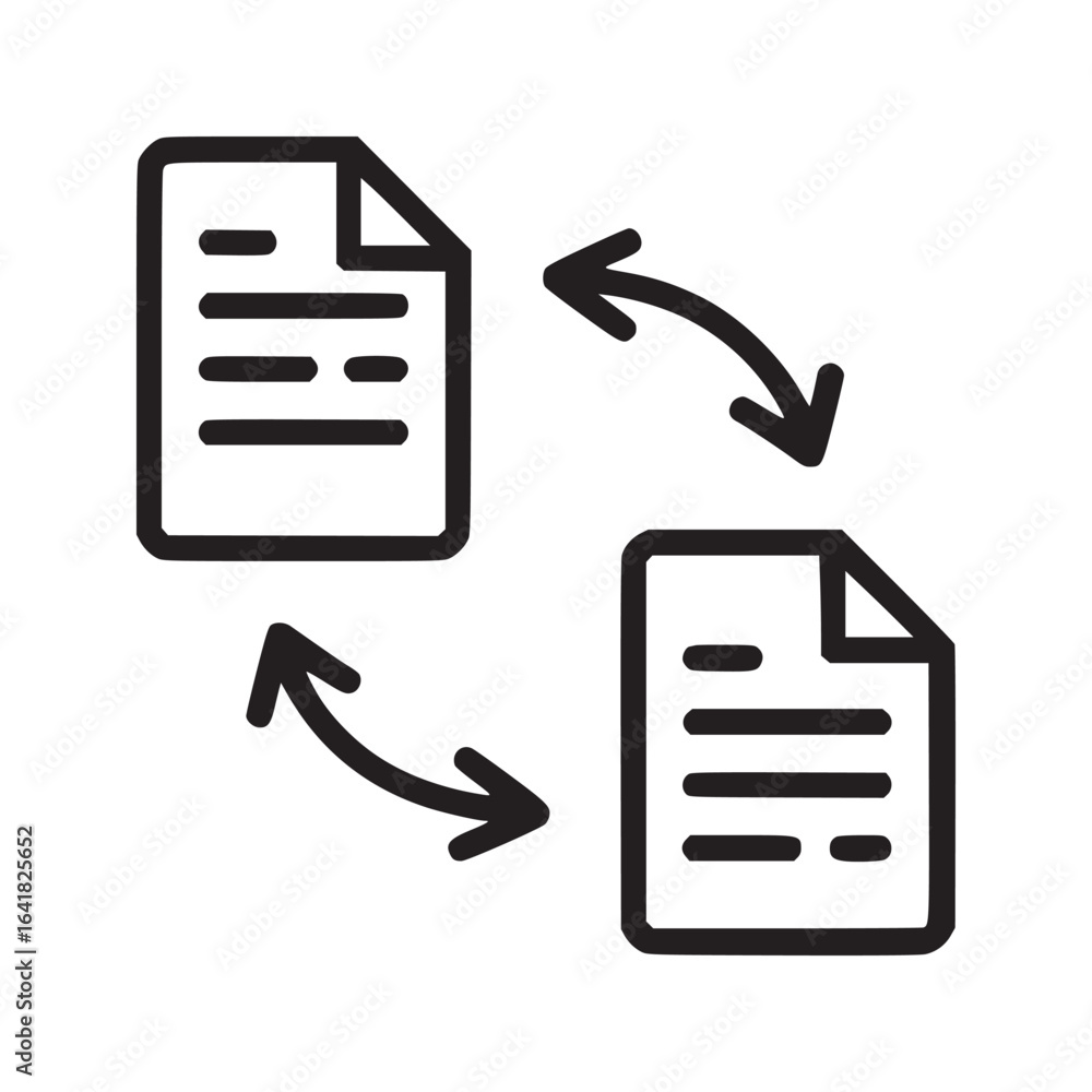 Aufkleber two documents with curled corners connected by curved arrows in a circular motion on white