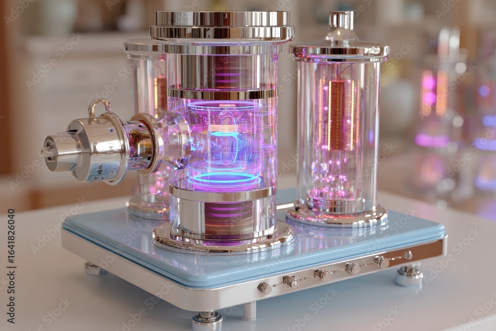 Poster a close-up view of a retro-futuristic device with glowing tubes, showcasing advanced technology and 
