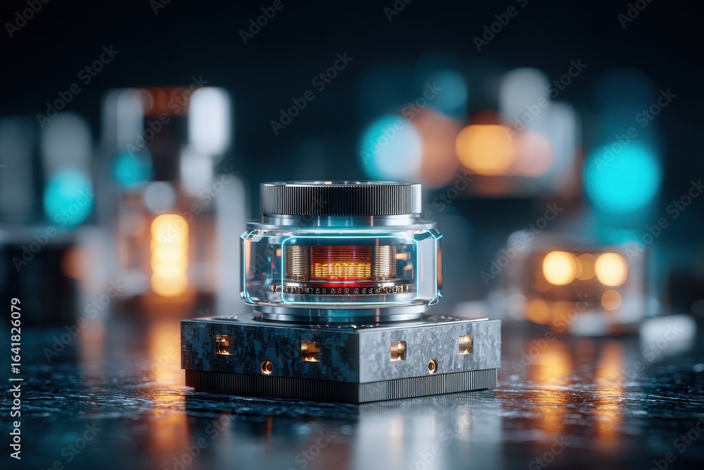 Poster close-up of a futuristic energy core with intricate internal components and a glowing center, repres