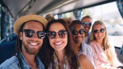 friendship travel vacation summer and people concept group of smiling friends traveling by tour bus no logos no brands ar 169