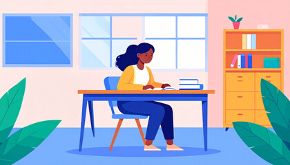 Woman focused and working on a desk in an office setting, featuring a desk, books, and a bookshelf in the background