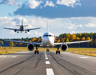 Two airplanes on a runway, one landing above another taxiing