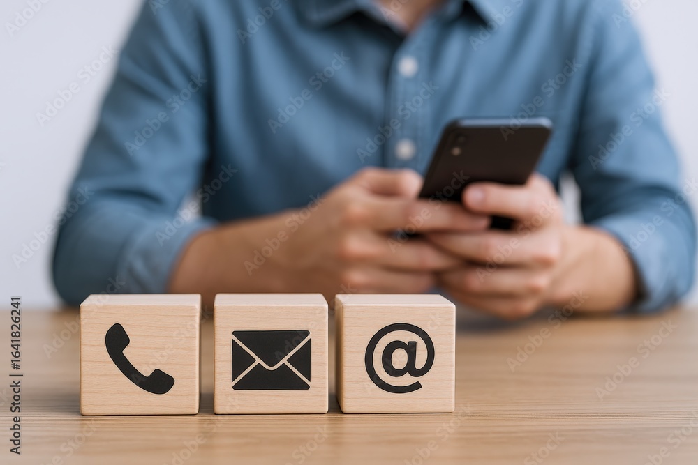 Poster contact us: man using phone with blocks displaying phone, email, and message icons