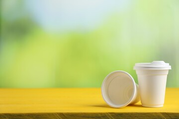 Disposable plastic cups on yellow wooden table against blurred background, space for text