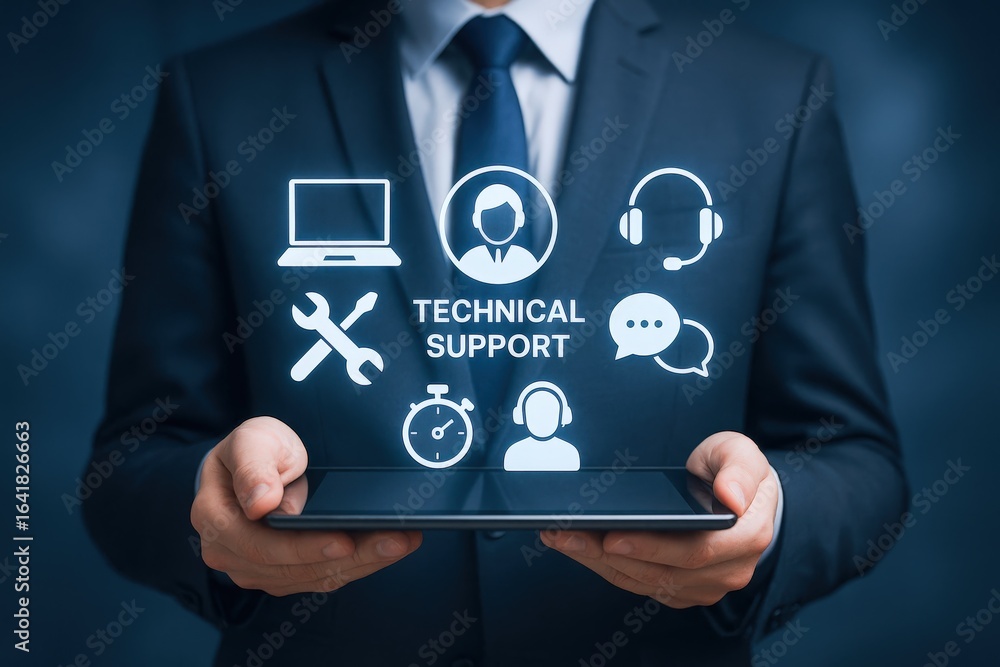 Poster technical support solutions: man in suit presenting digital customer service interface on tablet