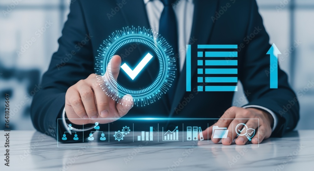 Poster businessman touches virtual screen displaying checklist and process control management system for qu