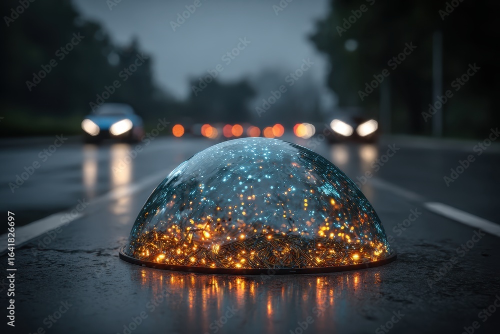 Poster an intriguing, futuristic road technology on a wet highway, blending innovation with highway safety 