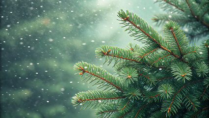 Snowflakes gently fall on the green branches of a fir tree, creating a festive winter scene in a snowy forest