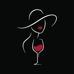 Elegant woman with hat and wine glass minimal line art on black background