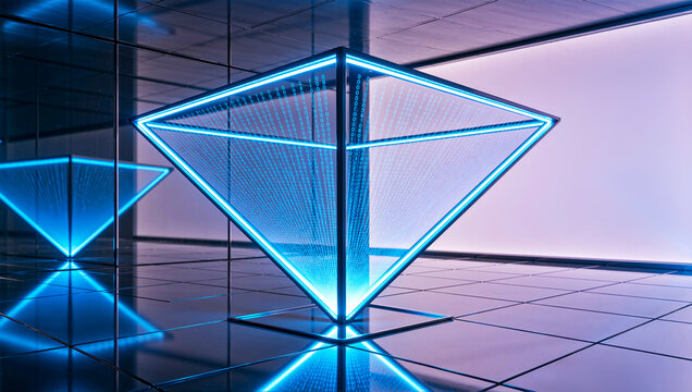 Cybersecurity.A glowing holographic pyramid symbolizes data protection and cybersecurity in a high-tech server environment. - Powered by Adobe