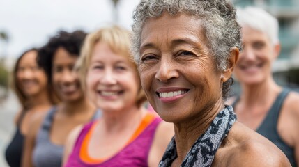 Fototapeta premium multiracial senior women having fun together after sport workout outdoor focus on left female face no logos no brands ar 169