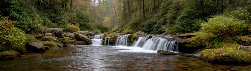 Obraz premium Fake 360 degrees panorama waterfall cascading over rocks in lush forest landscape showcasing tranquility and natural beauty 