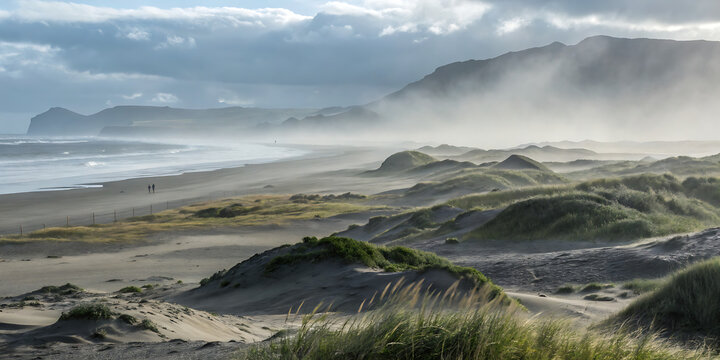 Fog drifts across the sandy beach and dunes, creating a tranquil coastal landscape under a cloudy sky in new Zealand