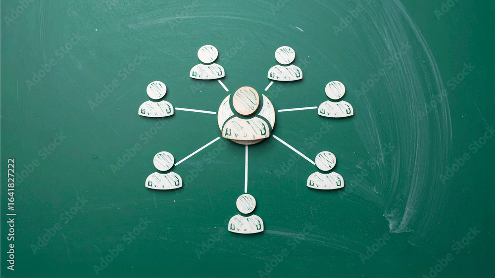 Poster conceptual illustration of a central figure connected to multiple individuals representing networkin