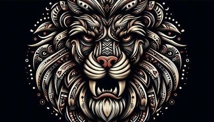 Lion head sculpture with wings on black background in ancient architectural style