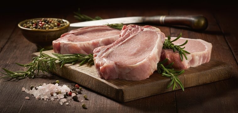 The delicious pork chops garnished with fresh rosemary and spices on a rustic board. - Powered by Adobe