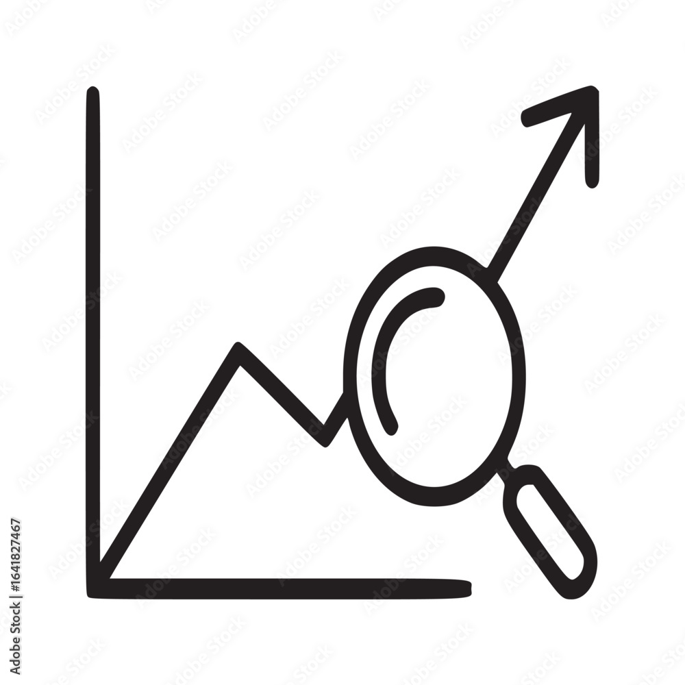 Poster line graph with upward trend and a magnifying glass analyzing the data for growth and progress