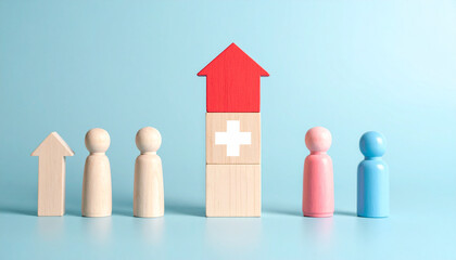 Conceptual image of a rising arrow built of wooden blocks symbolizing growth, healthcare and people