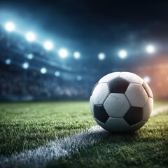 A soccer ball rests on a green field under bright stadium lights, ready for a nighttime match with a vibrant crowd in the background
