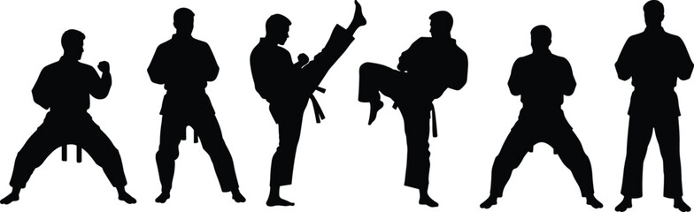 Martial arts silhouettes, dynamic poses, high kick action, defensive stances, black figures, uniform detail, belt visible, isolated, white background