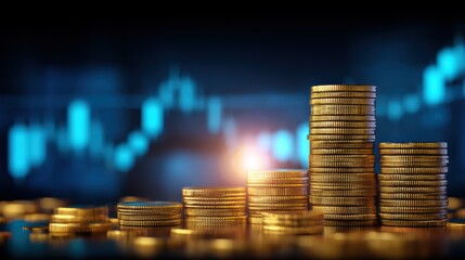 Stacks of gold coins are arranged in increasing height with a financial chart in the blurred background, symbolizing growth and investment