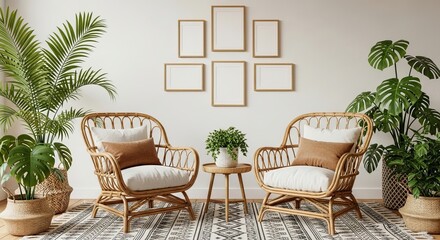 Obraz premium Cozy interior design with wicker chairs, plants, and frames on a white wall