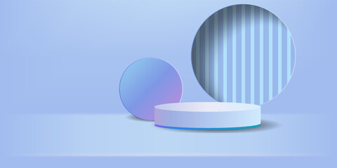 Colorful neon lights of 3D cylinder podium with geometric circle shape holographic futuristic scene background for display products, Modern abstract for cosmetic advertising,