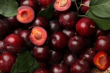 Whole, cut cherry plums and green leaves as background, top view