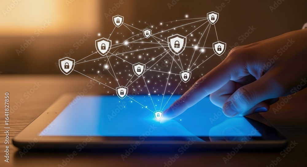 Poster digital security network: finger tapping tablet with shield icons for online protection and data pri