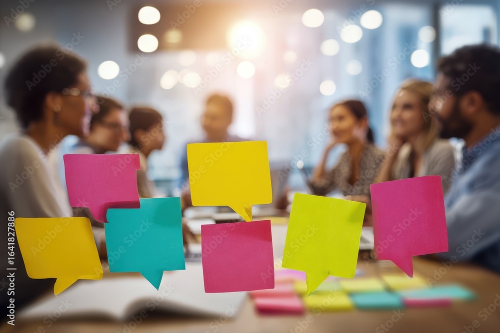 Poster diverse business team brainstorming with colorful speech bubbles over table in modern office space