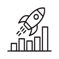 A line drawing of a rocket launching upwards next to a bar graph showing growth and progress upward
