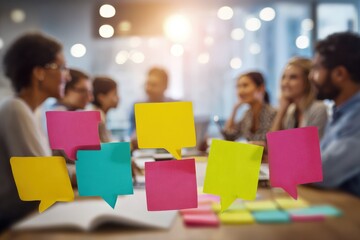 Diverse Business Team Brainstorming with Colorful Speech Bubbles Over Table in Modern Office Space