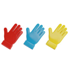 Obraz premium Three identical, glossy red, blue, and yellow plastic hand clappers in a perfectly straight horizontal row, isolated on a transparent background, shadowless overhead shot, commercial product