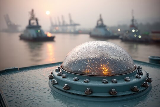 Close-up of a maritime navigation light on a ship, with harbor and tugboats in background, during a misty sunrise offering unique maritime scenery.