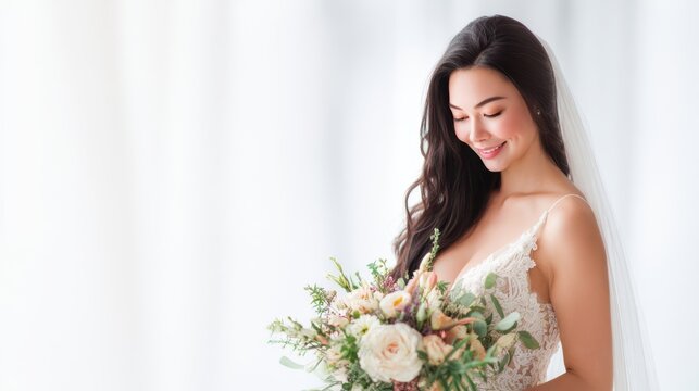 The beautiful bride holding a stunning bouquet in a soft, serene setting.