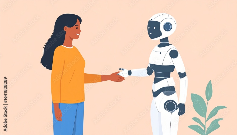 Poster human and robot handshake representing technological and social interaction in futuristic