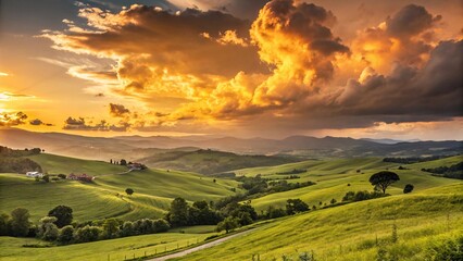 Obraz premium Majestic Golden Hour Sunset Over Rolling Hills and Lush Countryside V8