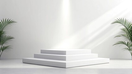 Obraz premium A sleek white podium features three stepped levels, illuminated by a soft spotlight. The clean backdrop enhances the product showcase, complemented by green plants