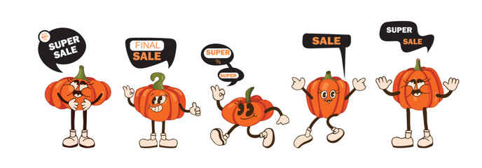 Cute pumpkins for advertising campaign set. Pumpkins cute characters. Advertising, discounts. Seasonal autumn discounts. Vector illustration.