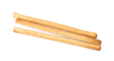 Delicious grissini sticks isolated on white, top view